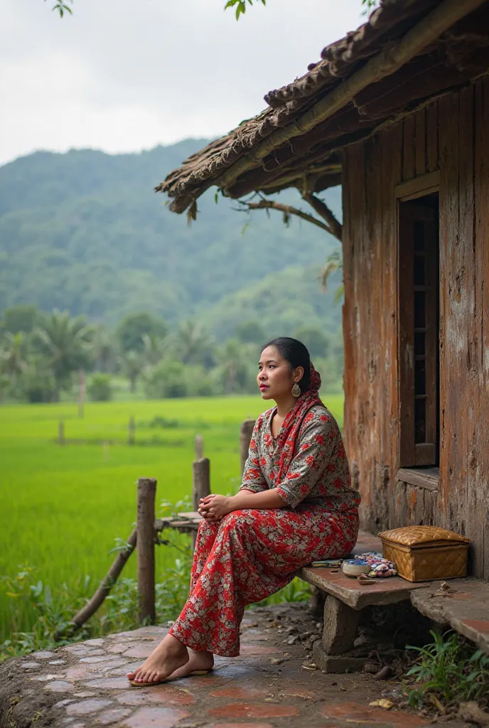 Masterpeace,   high quality , high resolution,  realistic scene,   videography )
Smooth movements focus on objects 
The movement of the camera on the object is also very smooth
A beautiful Indonesian woman is sitting on the terrace of her traditional home ...