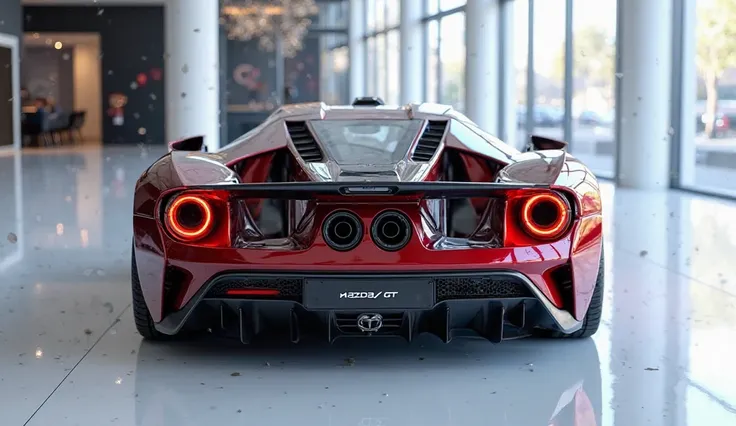   create an ultra-detailed 3D render of a modern, close-up( back)view of modern ( 2025 ford GT) With a bold design. The car should feature a "Gleamy glossy painted  ( Ford GT)color with a prominent '(mazda' logo on its prominent( back ), and sleek (back )....