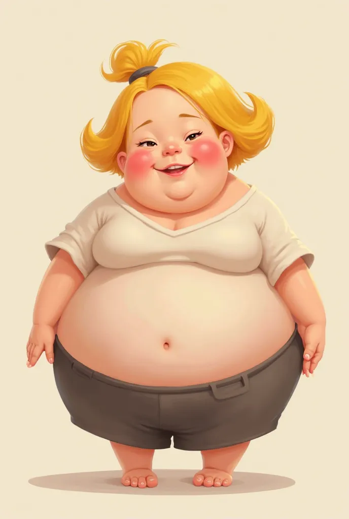 A short chubby woman with yellow hair with chubby cheeks and chubby belly 