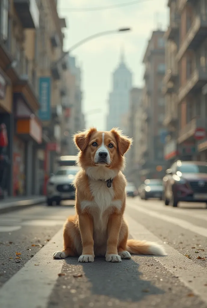 A dog sit in the street 