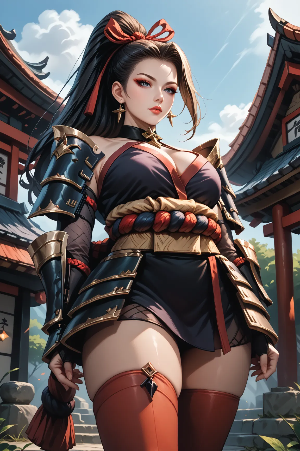 Hanabi, 1girl, solo, black ponytail hair, red headband, ninja outfit, gauntlets, black shorts, red stocking, kunai in stocking, boots,
shoulder pads,,adult female, housewife,milf, cleavage, navel, soft light, high detailed,anime, best quality, upper body, ...