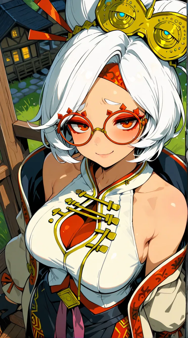 masterpiece, best quality, purah, seductive, red glasses, hair ornament, white jacket, sleeveless shirt, black skirt, upper body, from above, looking at viewer, smile, furrowed brow, rustic village