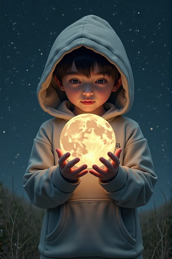 A boy in hoodie in his hands a moon and write HSB