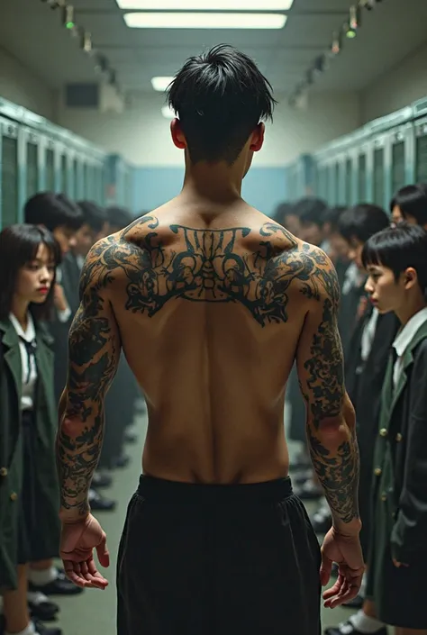 Completely naked Japanese man standing with his back turned in a high school surrounded by uniformed students