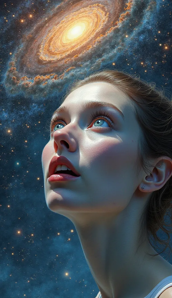 A woman with a surprised pale face on the right side of the screen、 universe background