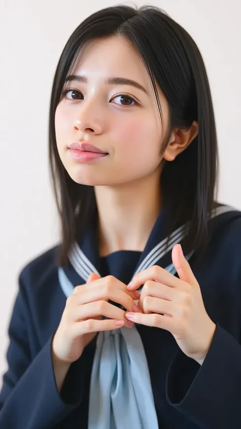  she is wearing a sailor suit , I make a heart shape with both hands , And then pose in front of her chest, Close-up shot of a smiling face winking and smiling