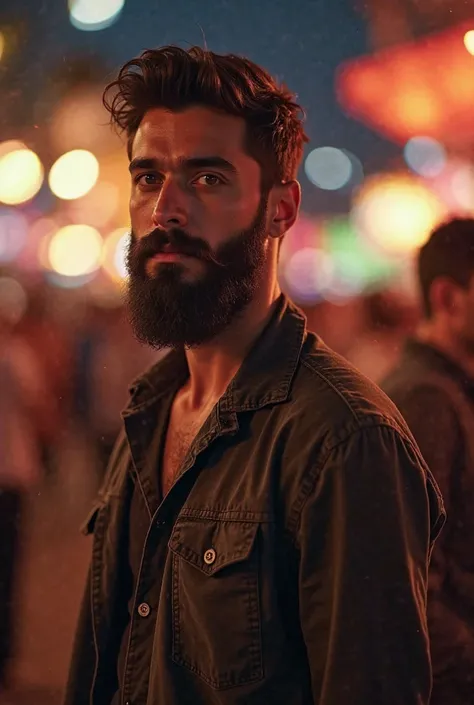 a young man having beard relaxing standing and the blur background of festival at night and the light hitting on the face of man