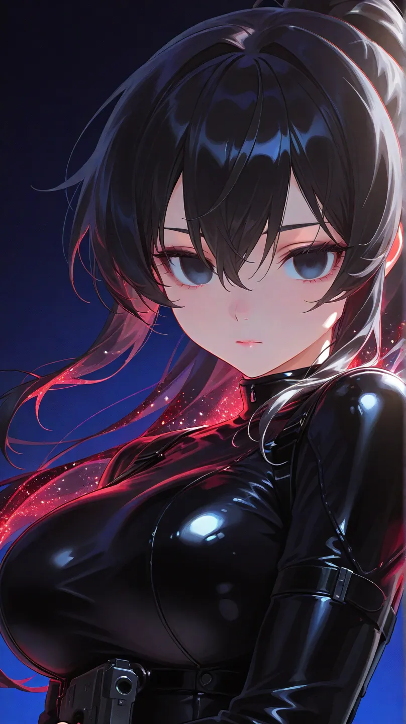 A girl, wearing a black latex jumpsuit, ((black hair)), simple background,  clean background , blue background,  red background,  black background, high resolution, big boobs,  long hair, ponytail, Glitter effect,  backlight, beautiful appearance,  lashes,...