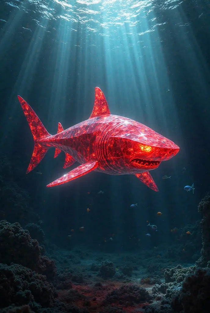 Create an image of a majestic and fearsome shark entirely made of a glowing red diamond. Its body is sleek and crystalline, with sharp, faceted edges that reflect deep crimson light. The shark's eyes burn with an intense glow, and its fins and tail shimmer...