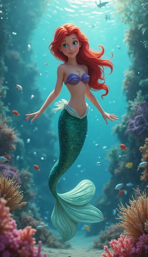 Create an animated little mermaid surrounded by aquatic beauty