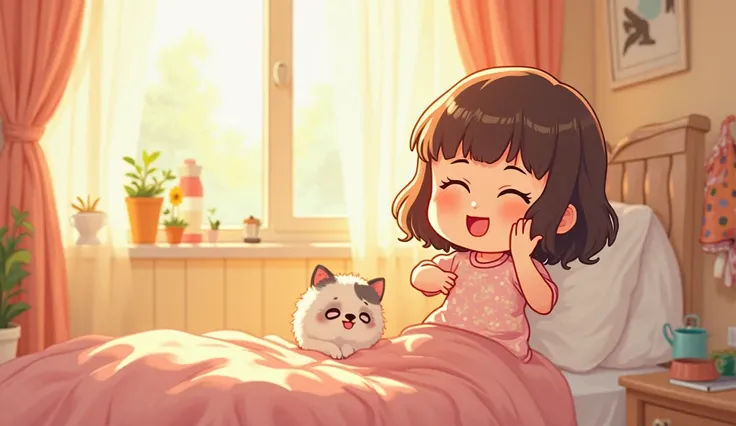 A cute cartoon of Khukumoni waking up in her cozy bed, yawning and rubbing her eyes. The room is softly lit by the morning sun, and her pet cat is beside her. The word "Cartoon" appears in the image.