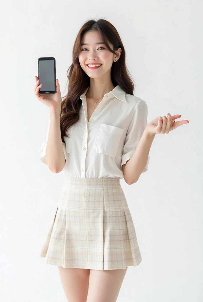 full body,Beautiful korean , dark brown hair, wearing a summer suite  and  Wearing a plaid skirt white color, look of joy, smile face,One hand holds the phone and shows the screen.,Show a gesture of joy, gorgeous mood, white background, modeling pose, semi...