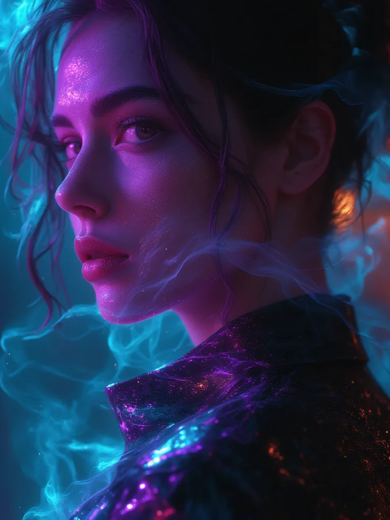 "A striking young woman stares ahead, confidence carved into her sharp features, its smoke curling like secrets in the air. Shadows and neon light dance across her face, highlighting the sleek suit, the subtle scar, the glint of a hidden blade. Her gaze—co...