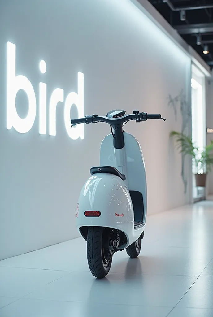 A full attractive hd photo of new 2025 Bird one glossy white color of exterior. A white shiny showroom background logo on the wall. A scooter with back view of vehicle.