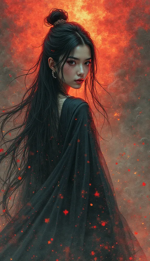 Ai Spell: Classical Chinese painting style, with a dark scene of Chinese hell, a long-haired alluring female ghost, looking towards the camera, fire, smoke, ghosts everywhere, cyan, black and red as the main colors.