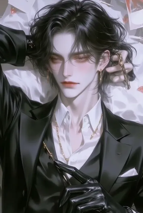 ( masterpiece), (top quality), VERY DETAILED, ((A man)),  ( full body 샷), perfect face, Beautiful Face, VERY DETAILEDな顔，(black hair man)，( black eyes),  full body, black suit, ((Detailed-white shirt and black suit)), sharp eyes,  handsome face,  lying in b...