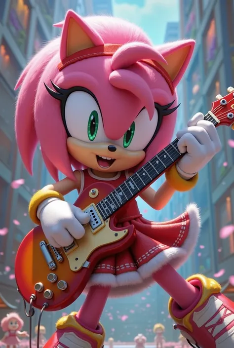 Amy Rose from Sonic The Hedgehog playing guitar 