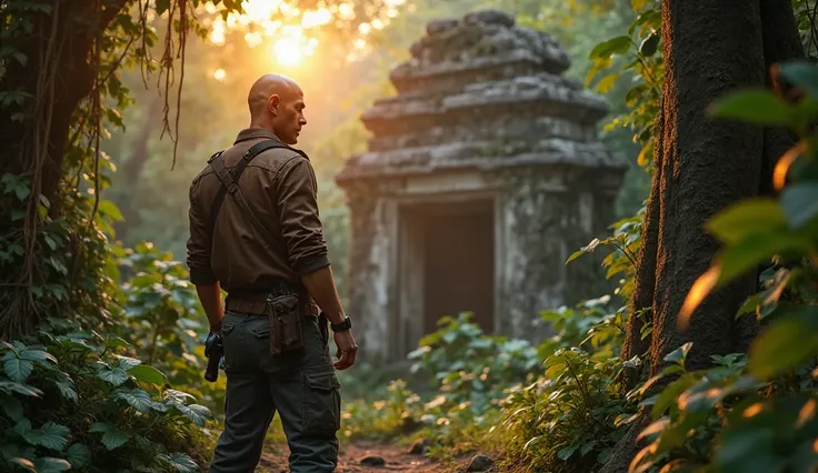 A bald guy standing in the dense jungle, with a rugged, determined expression, as the main character of an action-packed treasure hunt in the style of Uncharted: A Thief’s End. He wears a weathered brown leather jacket with a gun holster on his hip, rugged...