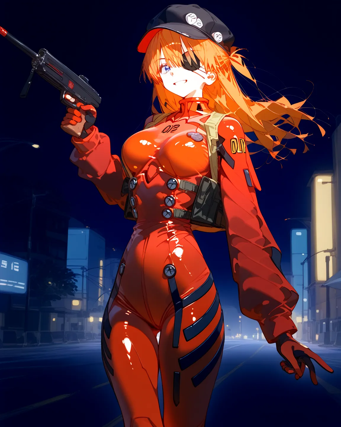    masterpiece, top quality,    vibrant, very aesthetic,    latest,  
medium breasts,  Neon Genesis Evangelion、     female 1 person、 、Su Long Aska Langley 、 orange hair、    blue eyes、    eye patch    、 Black Hat、 Red Jacket、    red plug suit、( Red Jacketの内...