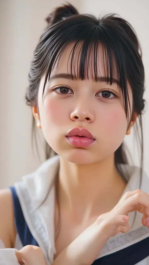  she is wearing a sailor suit , I make a heart shape with both hands , And then pose in front of her chest, Close-up shot of a woman narrowing her mouth