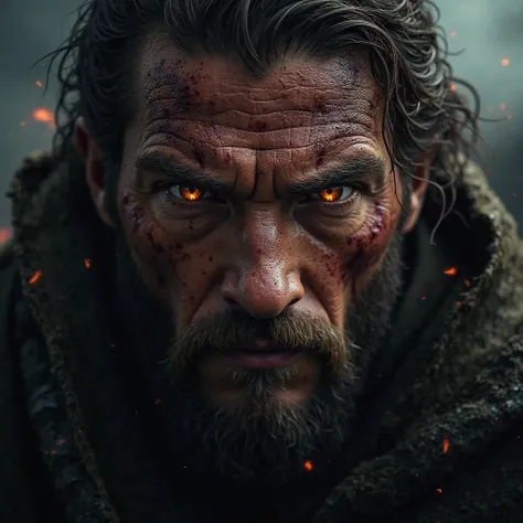 An intense close-up of a warrior’s face, bloodied but determined, with lightning illuminating his eyes