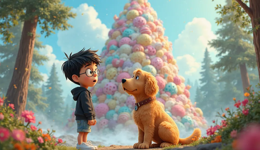 A 3D image of a shocked cartoon  boy ( eyes closed,silky black hair, wide bright green eyes, and an adventurous spirit. He wears a black hoodie, round specs ,denim shorts, and white sneakers)
And A happy cartoon big golden retriever (playful golden retriev...