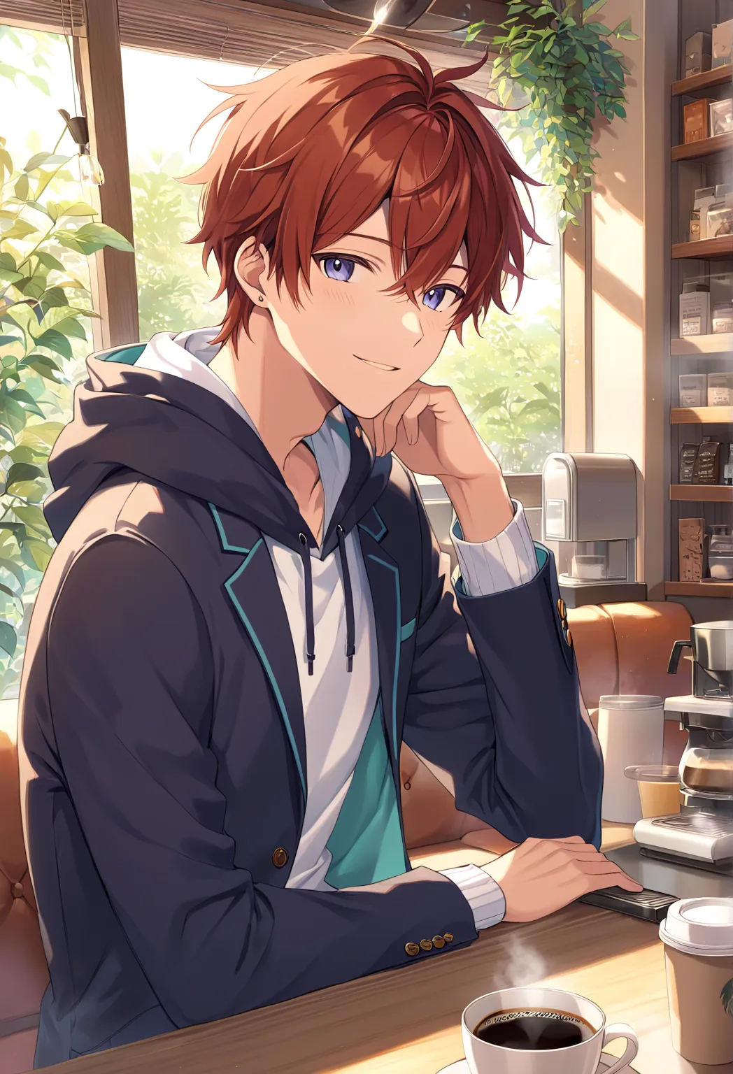 best quality, ultra detailed, absolutely resolution、 male 、 alone、auburn hair、Dark eyes、Innocent eyes、upbeat smile、blush、 blazer、 hoodie、 coffee shop、looking at viewer、（closeup:1.1）