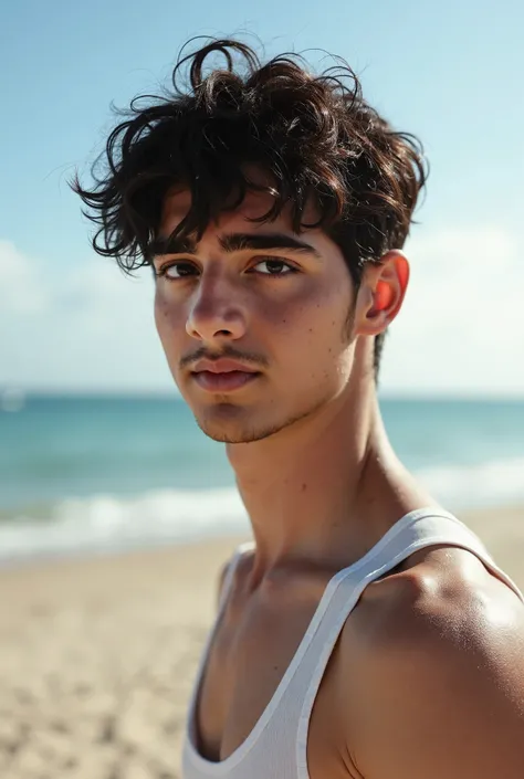 Portrait of a handsome young man, full body, beach, modeling, men's clothing, spring summer collection, white skin, extremely pale skin, european boy, black hair, (8k, RAW photo, best quality, masterpiece:1.2), (realistic, photo-realistic:1.37), ultra-deta...