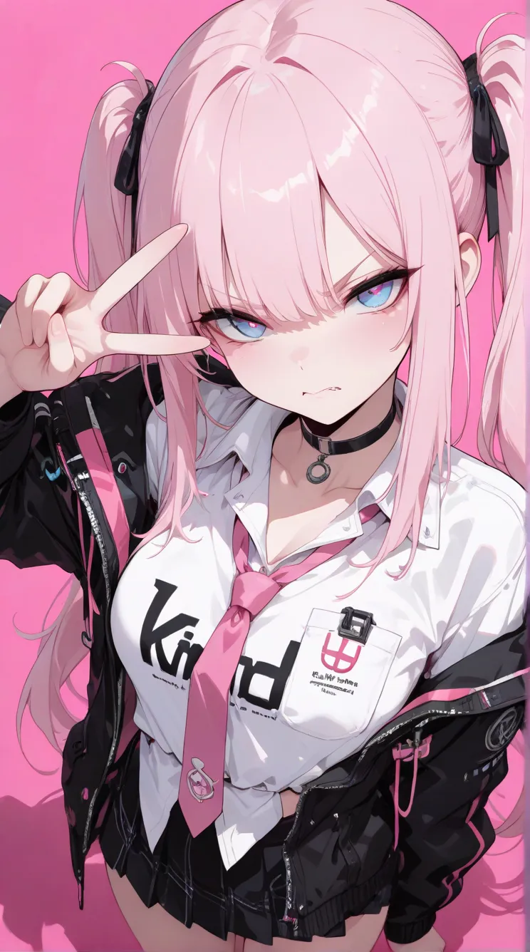 ( Masterpiece ,  top quality ,  exquisite,8k,  absurd),(748cmstyle), peace sign,( high angle), long hair, pink , twin tails, blue eyes, cute, angry face, kind, unbalanced white cutter shirt, pink tie , black choker, wear a black jacket,Black checked mini s...