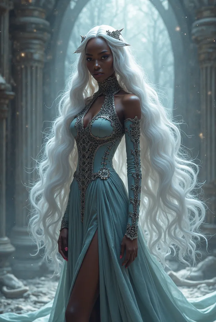 Melanin skin, white hair, long white hair,

Lumiéa Fuesaan's Regal Attire

Lumiéa stands resplendent in a form-fitting black gown that exudes both elegance and power. The fabric, a luxurious blend of silk and shadow-infused material, clings to her silhouet...