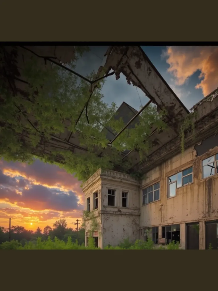 This image showcases an abandoned building overtaken by nature, with greenery creeping through broken windows and an overgrown roof. The warm hues of the sunset contrast with the decayed structure, creating an eerie yet beautiful atmosphere. Would you like...