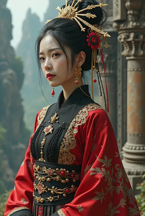  a girl in the extravagant Chinese gothic style.  Imagine her clothes with luxurious jewelry ,  Exquisite embroidery ,  elements and an abundance of decorative accessories . Capture the fusion of Chinese aesthetics and the Gothic style of you, , headdresse...