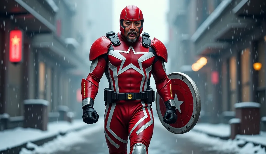 A full-body, realistic, and cinematic portrayal of Red Guardian (Alexei Shostakov), Middle-aged, with a thick beard and a strong, rugged face. Wearing helmet with a red star. He is wearing a bright red superhero suit with bold white lines crossing over it,...