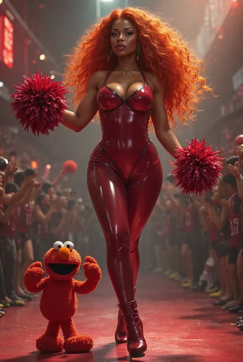 Hot muscled ebony ginger haired milf in sexy low-cut burgundy latex cheerleader bodysuit and burgundy high boots who dancing with a pom-pom. A tiny red Elmo standing behind her.