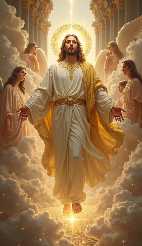 "A breathtaking Renaissance-style painting of Jesus Christ, draped in a regal white and gold robe, standing on a divine pathway of stars and light. His face is illuminated with soft, heavenly radiance, his eyes filled with wisdom and compassion. A golden h...