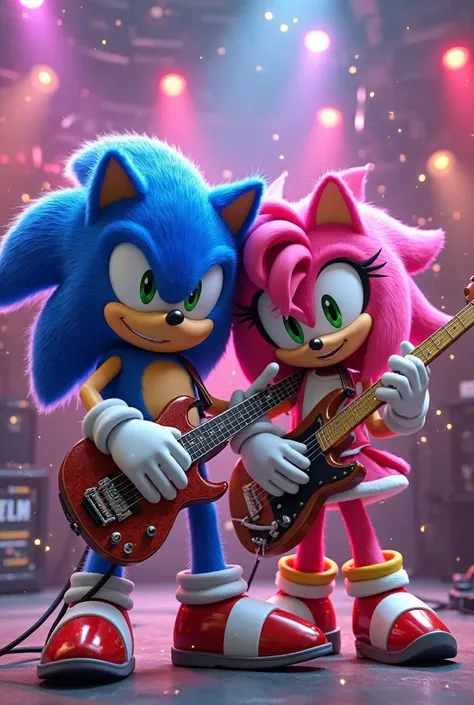 Somic The Hedgehog playing guitar and Amy Rose playing bass  