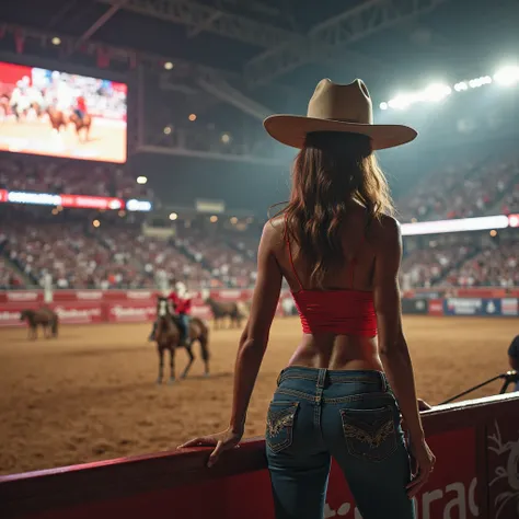 Create a hyper-realistic image of a stunning, slender Italian woman with a sculpted body, dressed in cowgirl attire, standing next to a rodeo announcer thanking the crowd in a vaquejada rodeo arena. The arena is modern, with bright LED screens, billboards,...