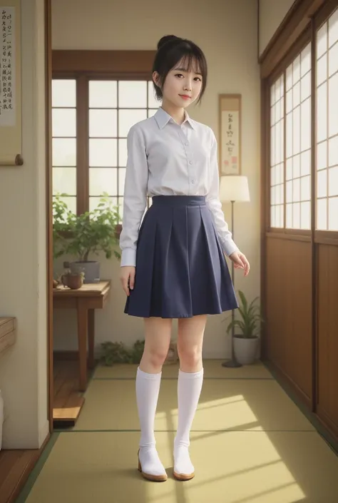 1 girl,
 school uniform、 skirt、white high socks
Japanese-style room in the house