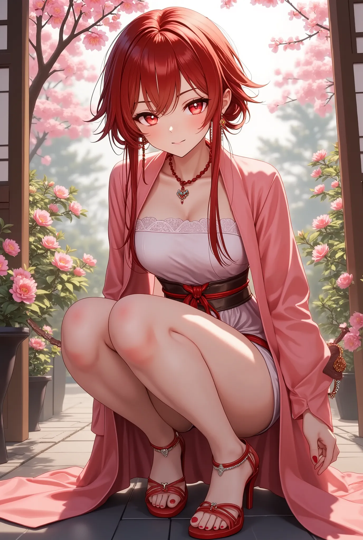 ( masterpiece:1.2), is best,CG,3d, Samurai Girl,
1 Sister,  red eyes, Earrings and Nipple Rings, alone, Hair Color, Jewel-like,  watching viewert,  blurry,  full body girl ,  through bangs , Redhead clothes, jacket, Squat,  blurry背景, , Short hair details, ...