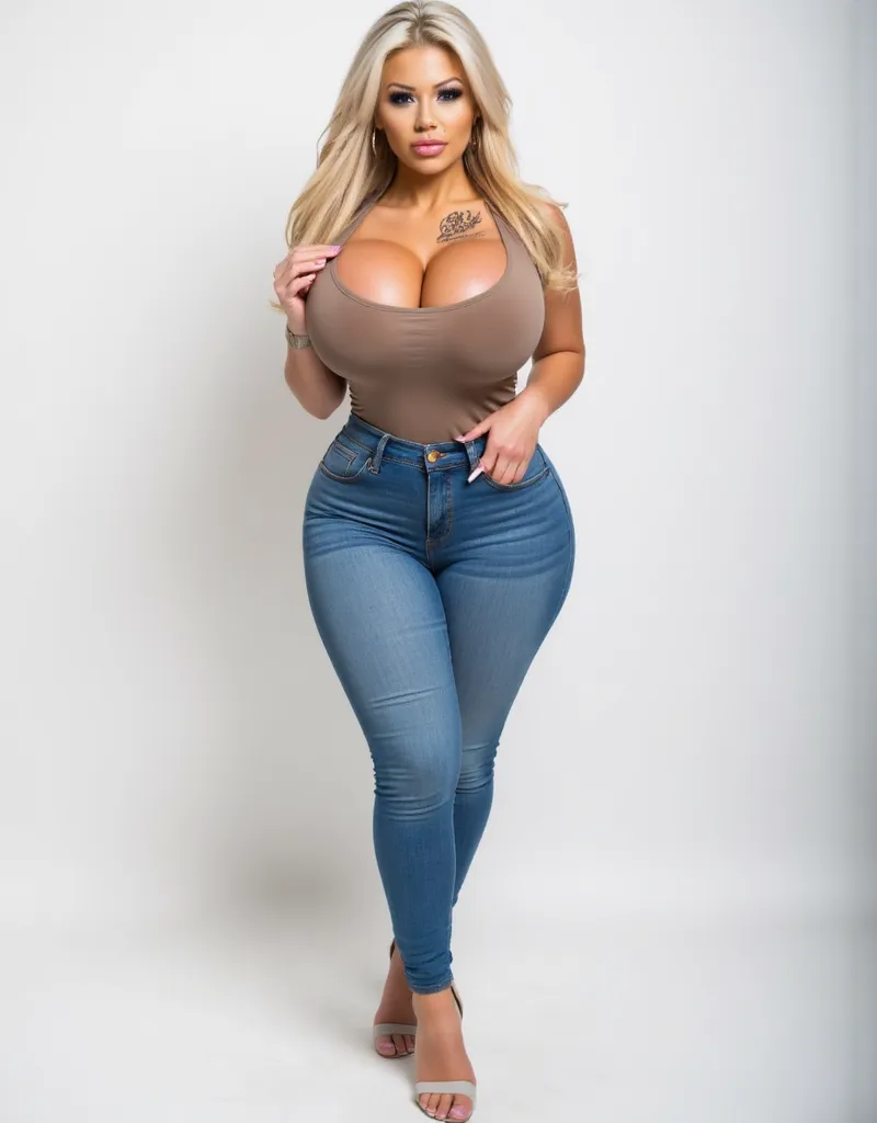 ((Full body)), front view, standing, makeup,   blonde wavy hair, bigboobs, (( Elegant V-Neck Shoulderless top, jeans,  shoes,  high heels, (((curvy body, wide hips))) )), plain white background
