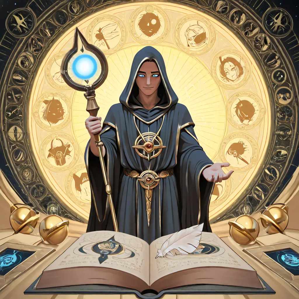 Create a striking and mystical illustration of a man who embodies the essence of occultism, hermeticism, and art. He is a tall, enigmatic figure with a calm and composed demeanor, dressed in dark, intricate robes adorned with esoteric symbols, alchemical s...