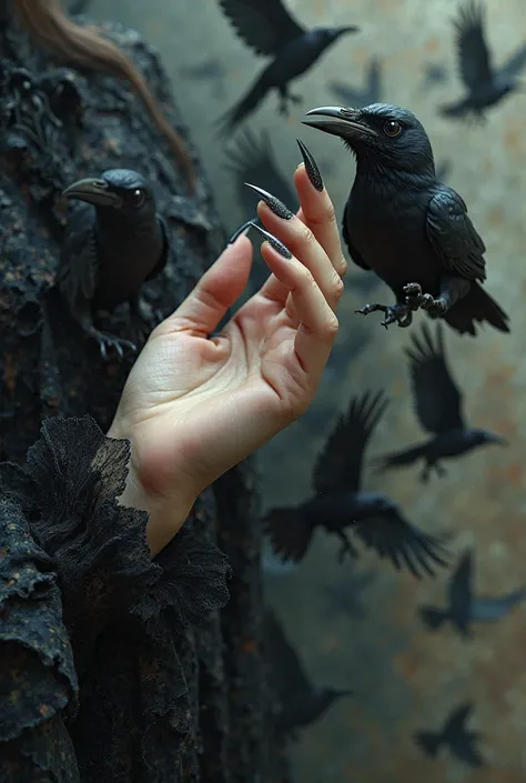 Hand with softgel nails and crows (that has the sleeve of an old and gothic dress)