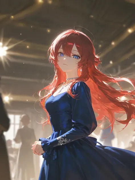 Create 1 female character, long red hair, blue sharp eyes, noble blue dress, Victorian style, dance party, silver necklace, pretty tall, pretty tall, standing face, standing, looking at the viewer in full high definition 