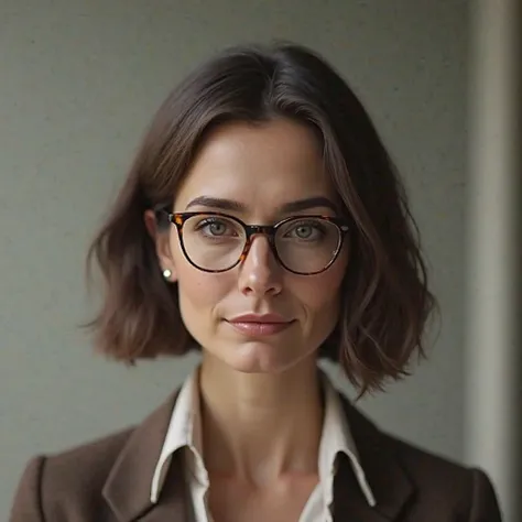 middle-aged woman with bob wearing glasses