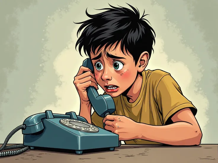 young Jason on the phone, struggling to speak. comic style