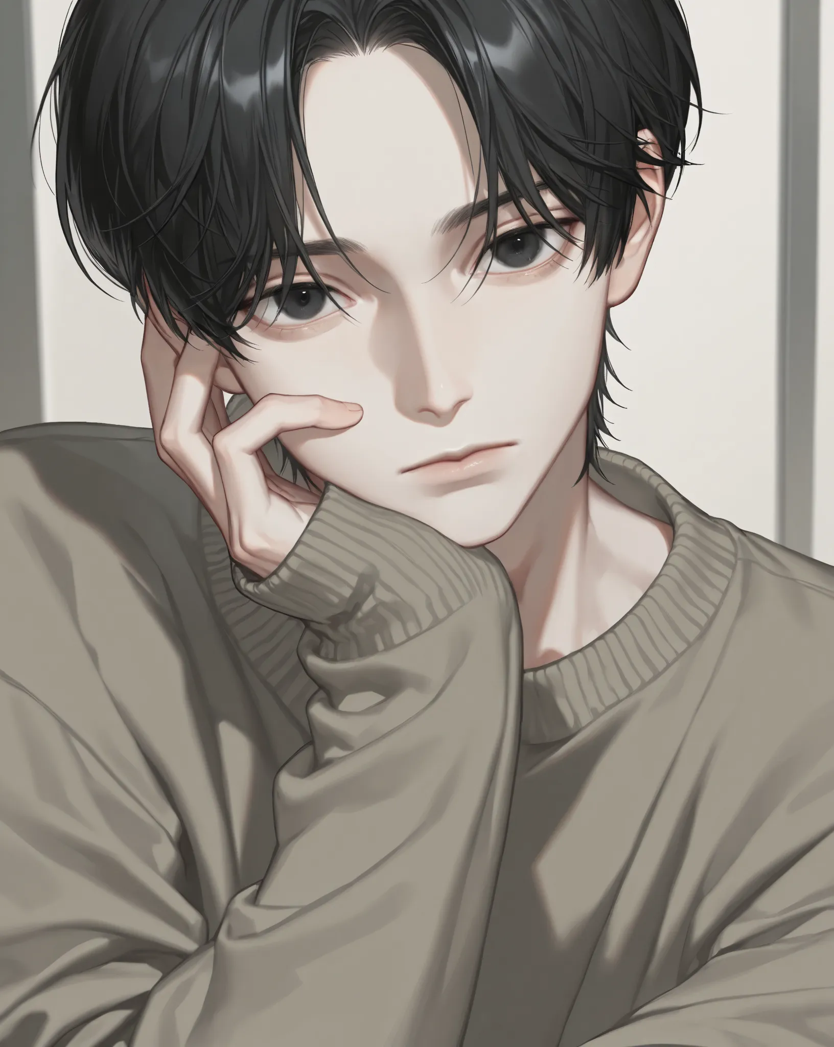 solo, looking at viewer, short hair, black hair, long sleeves,parted bangs,bishounen,skinny,lips,portrait, 1boy, closed mouth, upper body, male focus, indoors, black eyes, sweater, sleeves past wrists, hand on own face, hand on own cheek,