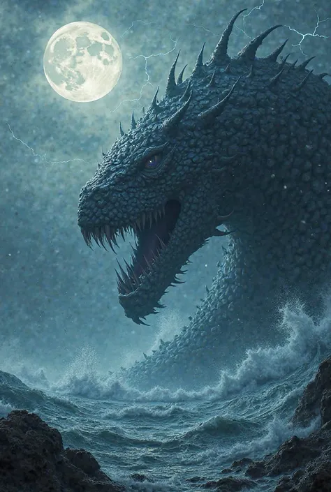 A giant leviathan pic with moon in night sea with thunder