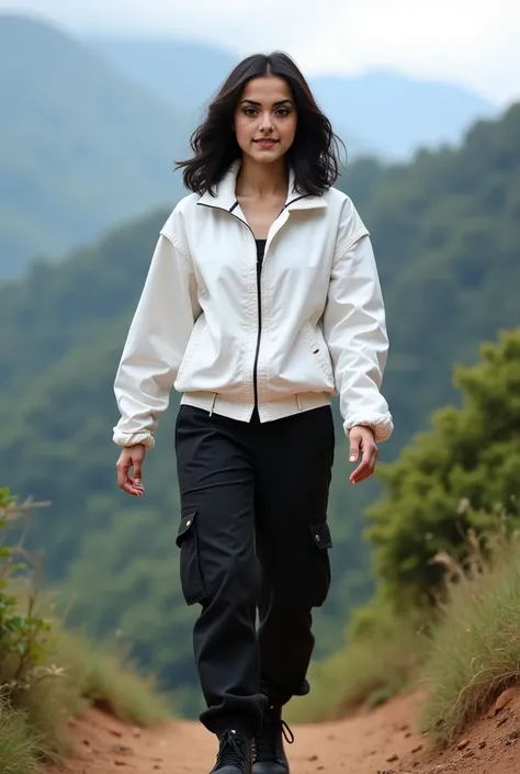 Front facing portrait, full body portrait,  Real human photo, anie  is a 25 years old womam, medium and tall body, white skin. Shoulder length wavy black hair, large black eyes,  . Wearing   plain white jacket,  black cargo  pant , , black mountain shoes. ...