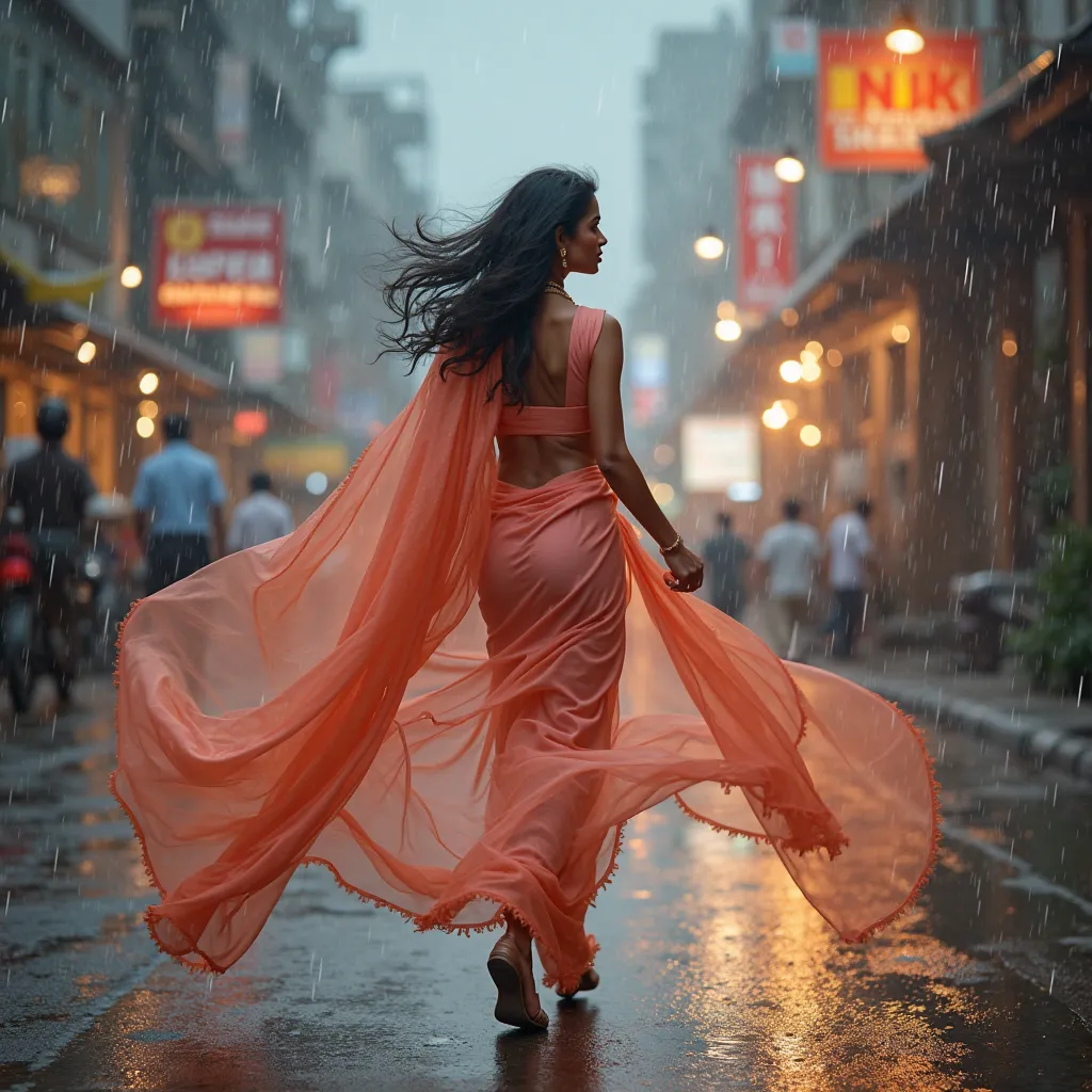 A beautiful 32yo old Indian women with shopping bag at street, (Sensual Walking in the Wind), translucent flowing pink-orange traditional Saree resembling cascading Wind, flowing hair all directions. The fabric of the Saree billows flowing in wind in all d...