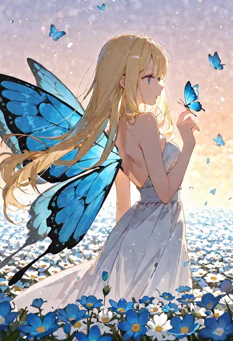 A girl in a white dress with big blue butterfly wings on her back、 Gold、 long hair、 blue eyes、Flower Field、evening、 from side、 backlit、 Fantastic